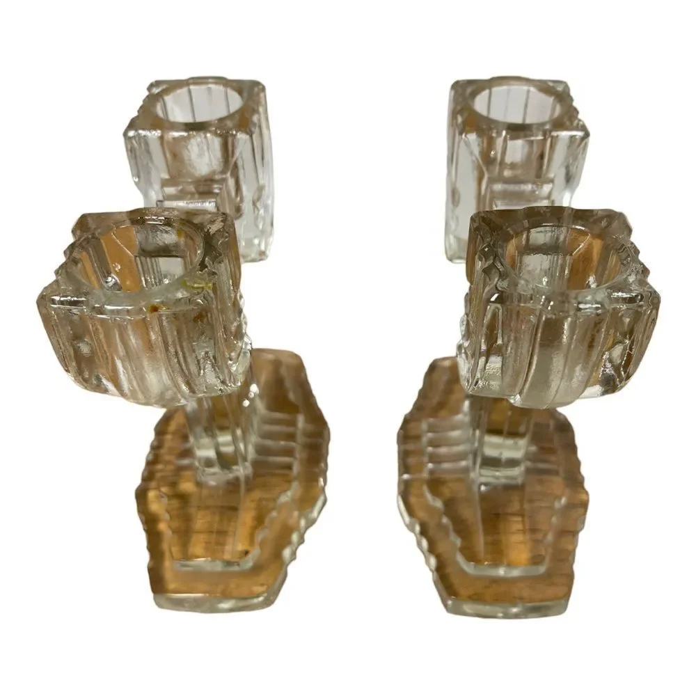 Vintage Anchor Hocking Queen Mary Clear Cactus Art Deco Candleholder SET of 2